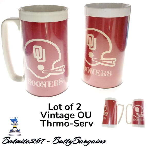 2 VINTAGE Thermo-Serv Oklahoma Sooners OU Football 70s Cup Mug Coffee Beer - Picture 1 of 5